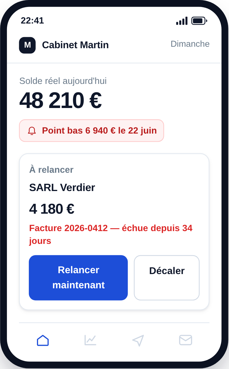 Écran mobile : solde, point bas et bouton Relancer maintenant